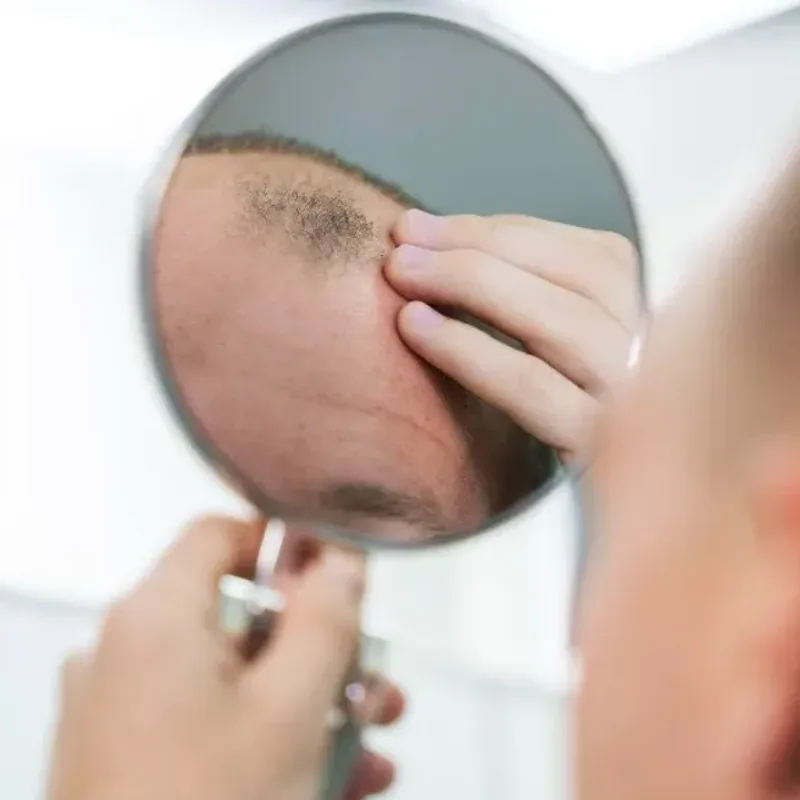 Queda de cabelo em homem, com entradas e rarefação no topo